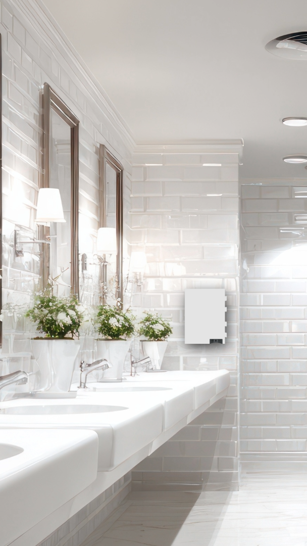 Modern bathroom with white tiles, sinks, and decorative elements.